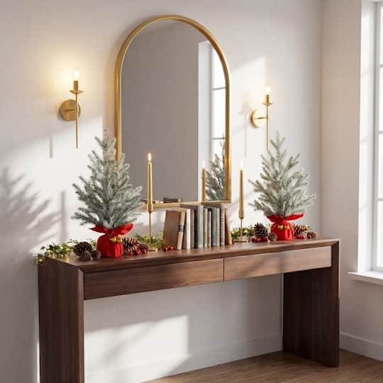 Nearly Natural 18" Unlit Artificial Flocked Christmas Tree with Wrapped Velvet Base & Gold Bells, 2ct.
